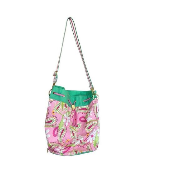Lily Pulitzer Womens Pink Paisley Adjustable Shoulder Strap Canvas Bucket Bag - Picture 1 of 7
